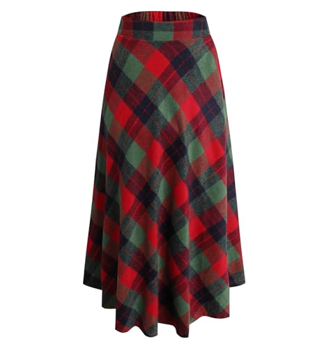 Damen Elegant Lang Rock Hohe Taille Winterrock Kariert Maxirock Wollrock A-Linie Röcke Faltenrock Herbst Skirts Grün XXL von Beeblily
