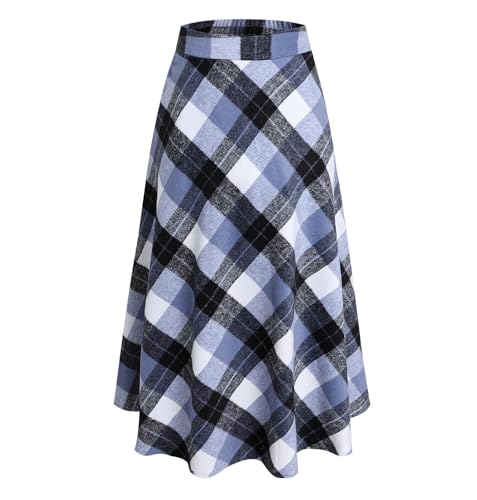Damen Elegant Lang Rock Hohe Taille Winterrock Kariert Maxirock Wollrock A-Linie Röcke Faltenrock Herbst Skirts Grau S von Beeblily