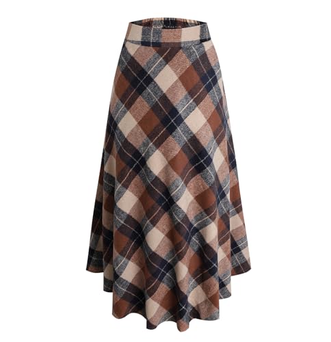 Damen Elegant Lang Rock Hohe Taille Winterrock Kariert Maxirock Wollrock A-Linie Röcke Faltenrock Herbst Skirts Khaki M von Beeblily