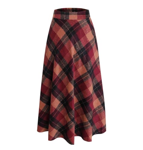 Damen Hohe Taille Lang Rock Elegant Winterrock Kariert Maxirock Wollrock A-Linie Röcke Faltenrock Red XL von Beeblily