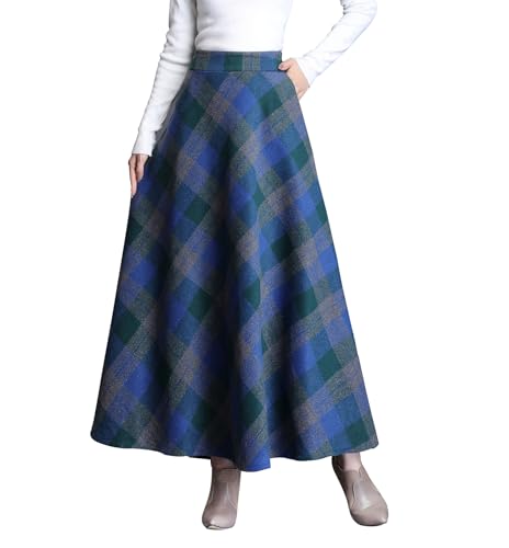 Damen Hohe Taille Lang Rock Elegant Winterrock Kariert Maxirock Wollrock A-Linie Winter Röcke Retro Faltenrock Blue 3XL von Beeblily