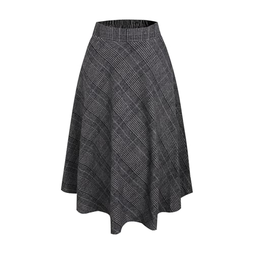 Damen Hohe Taille Lang Rock Elegant Winterrock Kariert Maxirock Wollrock A-Linie Winter Röcke Retro Faltenrock Dunkelgrau 3XL von Beeblily