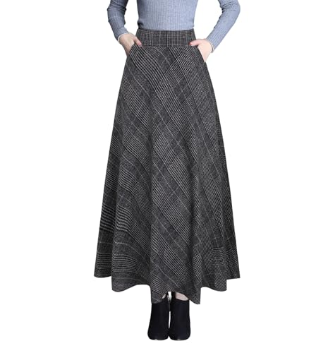 Damen Hohe Taille Lang Rock Elegant Winterrock Kariert Maxirock Wollrock A-Linie Winter Röcke Retro Faltenrock Dunkelgrau M von Beeblily