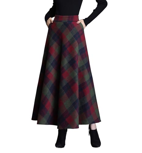 Damen Hohe Taille Lang Rock Elegant Winterrock Kariert Maxirock Wollrock A-Linie Winter Röcke Retro Faltenrock Green 3XL von Beeblily