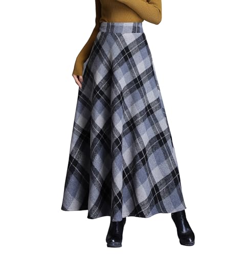 Damen Hohe Taille Lang Rock Elegant Winterrock Kariert Maxirock Wollrock A-Linie Winter Röcke Retro Faltenrock Grey 3XL von Beeblily