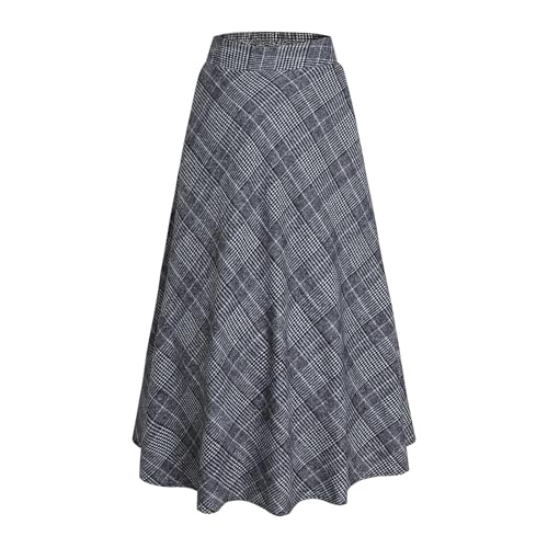 Damen Hohe Taille Lang Rock Elegant Winterrock Kariert Maxirock Wollrock A-Linie Winter Röcke Retro Faltenrock Hellgrau XL von Beeblily