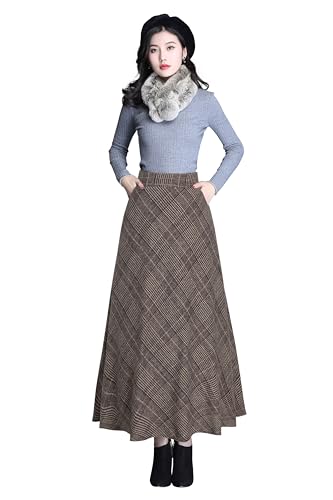 Damen Hohe Taille Lang Rock Elegant Winterrock Kariert Maxirock Wollrock A-Linie Winter Röcke Retro Faltenrock Khaki L von Beeblily