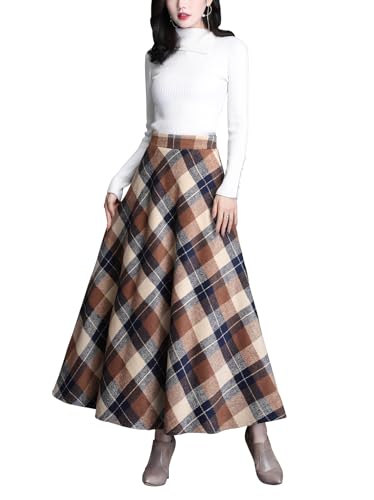 Damen Hohe Taille Lang Rock Elegant Winterrock Kariert Maxirock Wollrock A-Linie Winter Röcke Retro Faltenrock Khaki L von Beeblily