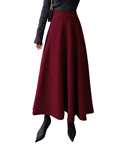Damen Hohe Taille Lang Rock Elegant Winterrock Kariert Maxirock Wollrock A-Linie Winter Röcke Retro Faltenrock Wine red XL von Beeblily