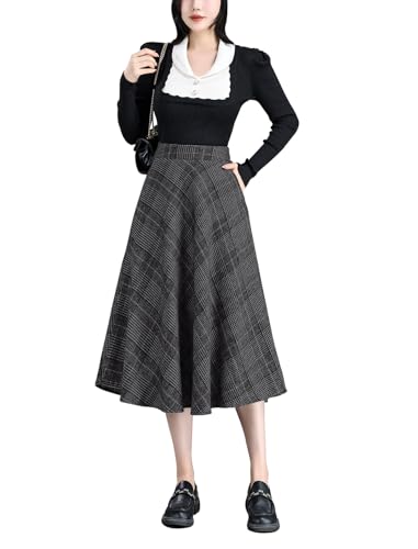Damen Hohe Taille Lang Rock Elegant Winterrock Kariert Midirock Wollrock A-Linie Herbst Röcke Retro Faltenrock 7030 Dunkelgrau M(Elastische Taille:73CM) von Beeblily