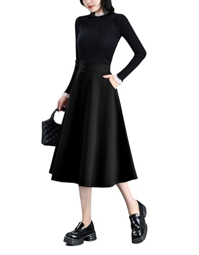 Damen Hohe Taille Lang Rock Elegant Winterrock Kariert Midirock Wollrock A-Linie Herbst Röcke Retro Faltenrock 7068 Schwarz M(Elastische Taille:73CM) von Beeblily