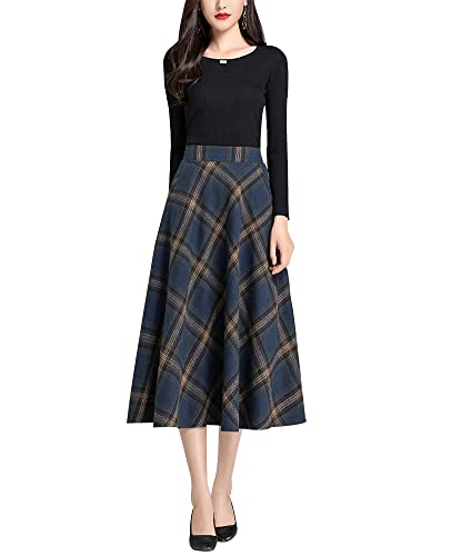 Damen Hohe Taille Lang Rock Elegant Winterrock Kariert Midirock Wollrock A-Linie Herbst Röcke Retro Faltenrock Dunkelblau L von Beeblily