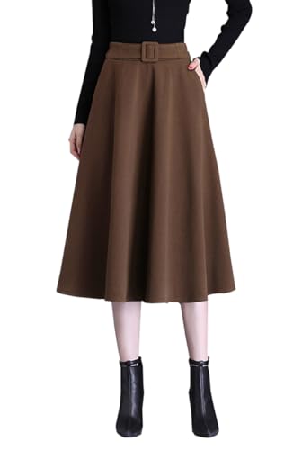 Damen Hohe Taille Lang Rock Elegant Winterrock Midirock Wollrock A-Linie Winter Röcke Retro Faltenrock (S-Elastische Taille 66CM-Brown) von Beeblily