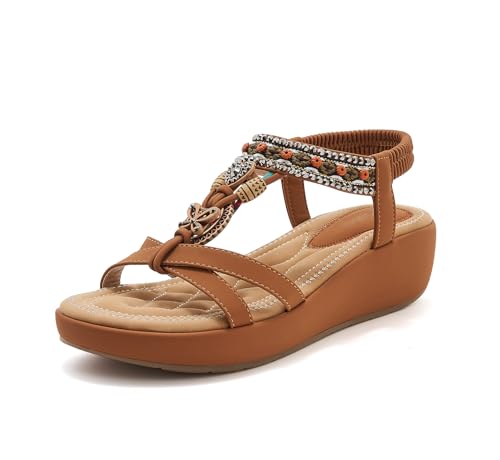 Sandalen Damen Sommer Bohemian Keilsandalen Bequem Elegant Sandalen mit Strass Perlen Strand Schuhe 5 CM Keilabsatz Dark brown 35 von Beeblily