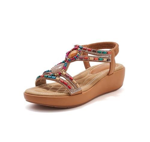Sandalen Damen Sommer Bohemian Keilsandalen Bequem Elegant Sandalen mit Strass Perlen Strand Schuhe 5 CM Keilabsatz Dark brown 38 von Beeblily