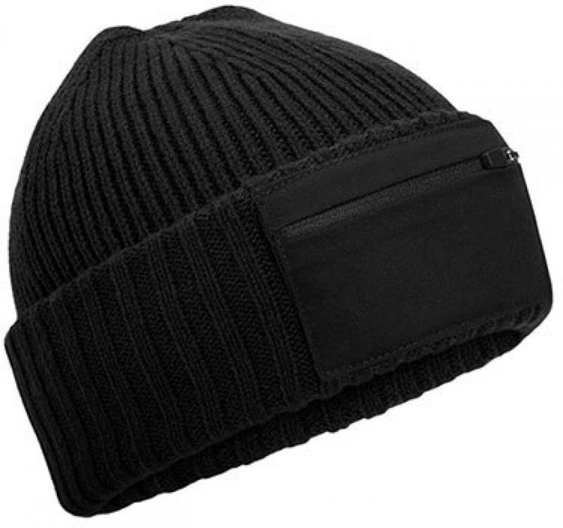 Beechfield® Bommelmütze Zip Patch Beanie Vordertasche mit Reißverschluss von Beechfield®
