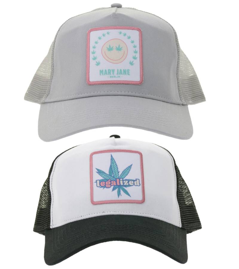 Beechfield Trucker-Cap Baumwoll-Cap Mütze Baseball-Cap mit Stickerei „LEGALIZED“ Schwarz/Weiß oder „MARY JANE BERLIN“ Grau von Beechfield