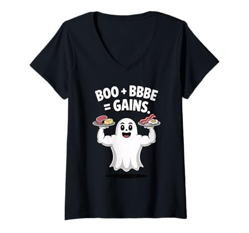 Damen Boo Plus BBBE Equals gewinnt Lustiges Ghost Carnivore Halloween T-Shirt mit V-Ausschnitt von Beef Butter Bacon Eggs Humor Ghosts Merch.