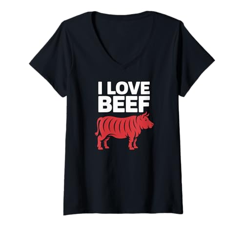 Damen Ich Liebe Beef Cow Fans Fleischliebhaber T-Shirt mit V-Ausschnitt von Beef Lovers Red Cow Enthusiasts