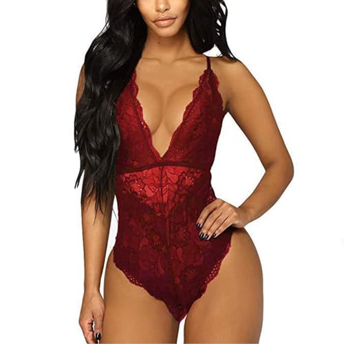 Beehsinho Damen Sexy Body Dessous Babydoll Spitze Bodysuit Reizwäsche V-Ausschnitt Negligee Lingerie Teddy Unterwäsche (Dunkelrot, L) von Beehsinho