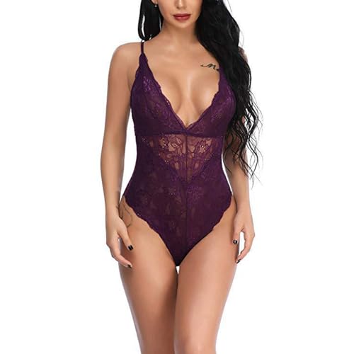 Beehsinho Damen Sexy Body Dessous Babydoll Spitze Bodysuit Reizwäsche V-Ausschnitt Negligee Lingerie Teddy Unterwäsche (Violett, L) von Beehsinho