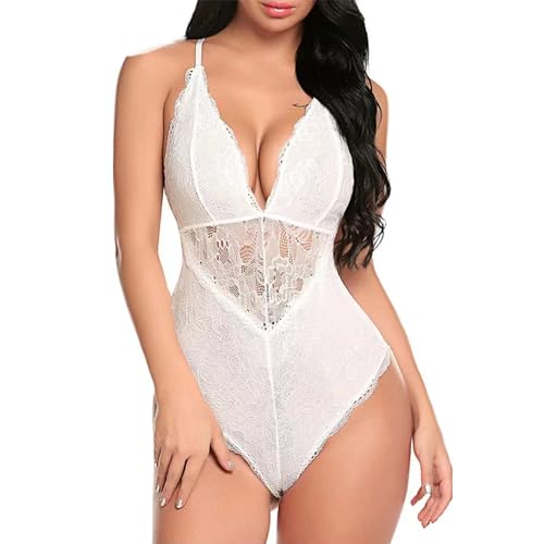 Beehsinho Damen Sexy Body Dessous Babydoll Spitze Bodysuit Reizwäsche V-Ausschnitt Negligee Lingerie Teddy Unterwäsche (Weiß, S) von Beehsinho