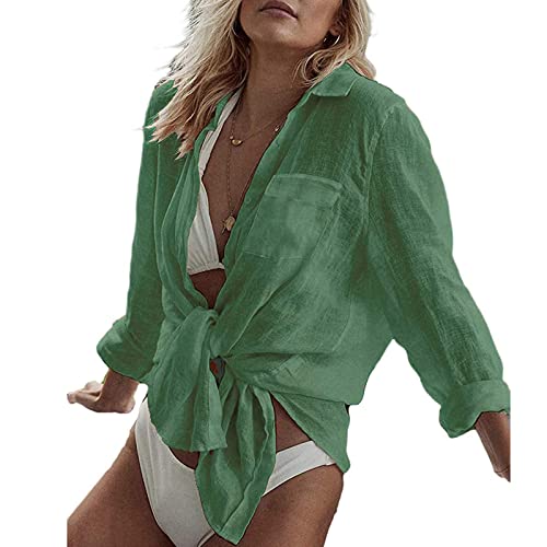 Beehsinho Sommer Strandkleid Damen Bikini Cover Up Strandponcho Beach Vertuschen Badeanzug Strand Shirt Pareos Bademode Bluse Vertuschen Shirt Urlaub V-Ausschnitt Tunika Boho Strandtunika (Grün) von Beehsinho