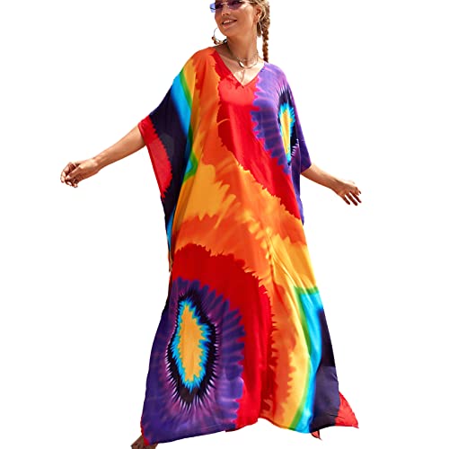 Beehsinho Strandkleid Damen Kaftan Bikini Cover Up Maxikleider Sommer Lange Strandponcho Boho Caftan Beach Tunika Beachwear Strandkleider (Regenbogen) von Beehsinho