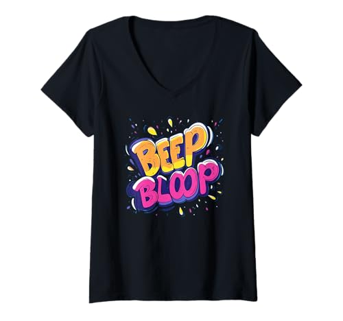 Damen Buntes Piep-Bloop-Logo T-Shirt mit V-Ausschnitt Damen Buntes Piep-Bloop-Logo T-Shirt mit V-Ausschnitt von Beep Outfit