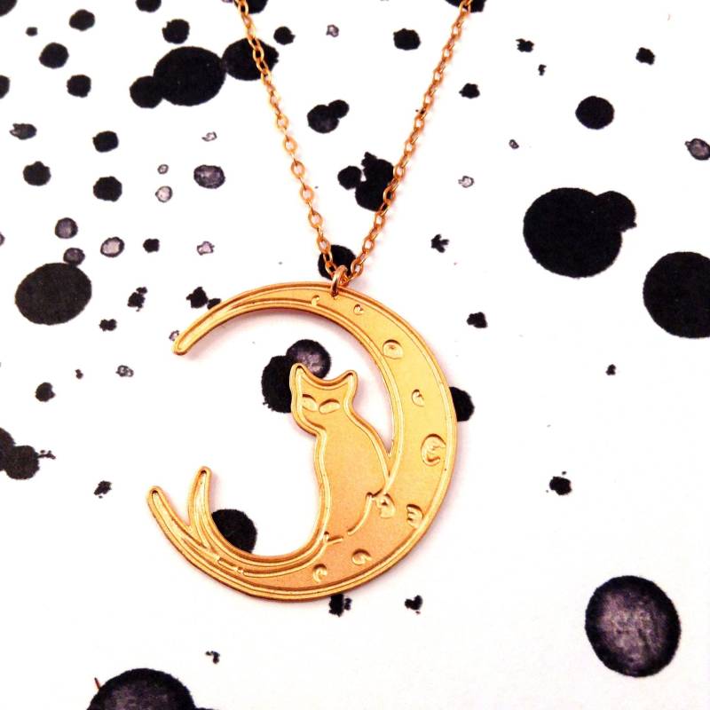 Gold Filled Katze Auf Dem Mond Halskette Sterling Silber Anhänger von BeepStudio