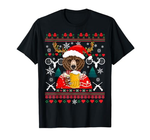 Beer Bear Ugly Christmas Party T-Shirt, Herren, Unisex-Erwachsene, Partygänger, Kurzarm, T-Shirt, Schwarz, S von Beer Bear Ugly Christmas Party Sweater