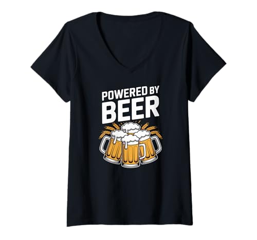 Damen Angetrieben von Beer Mugs Fun Humor T-Shirt mit V-Ausschnitt Damen Angetrieben von Beer Mugs Fun Humor T-Shirt mit V-Ausschnitt von Beer Enthusiast Fun Humor Party
