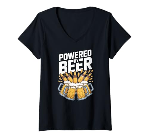 Damen Powered by Beer Fun Statement-Grafik T-Shirt mit V-Ausschnitt Damen Powered by Beer Fun Statement-Grafik T-Shirt mit V-Ausschnitt von Beer Enthusiast Humorous Drink Lovers