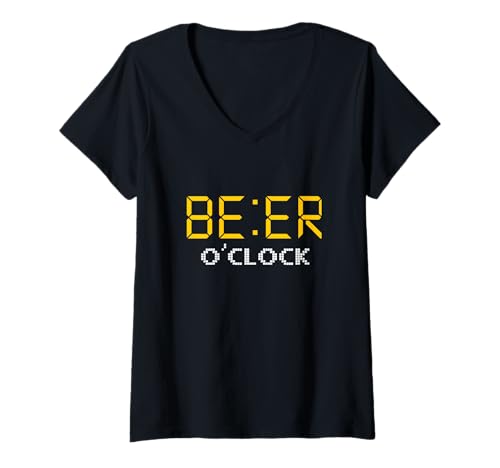 Damen Beer O'Clock Digitale Uhr Display Lustiges Zitat Trinkkunst T-Shirt mit V-Ausschnitt von Beer Time Designs