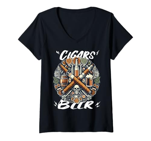Damen Zigarren und Bier T-Shirt mit V-Ausschnitt von Beer and Cigar Humor Meme Drinking and Smoking