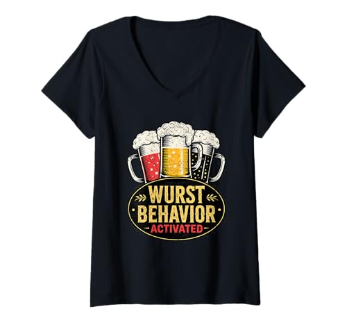 Damen Wurst Verhalten aktiviert Lustiges deutsches Bierkrug Design T-Shirt mit V-Ausschnitt von BeerCulture