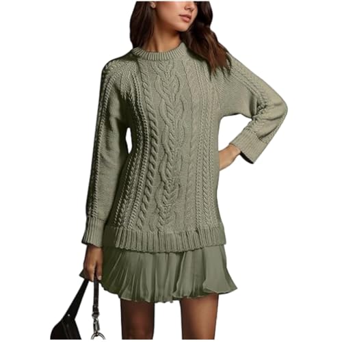 BeerMmay Damen-Pulloverkleid mit Zopfmuster, Rundhalsausschnitt, langärmliges Minikleid mit Falten, Patchwork-Kleid im Twofer-Stil (Grün,S) von BeerMmay