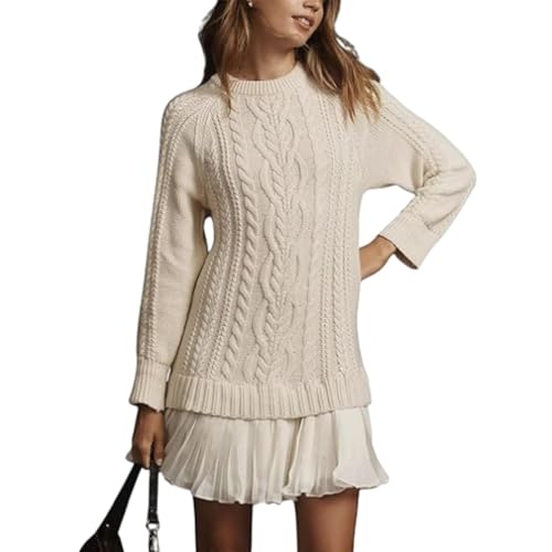 BeerMmay Damen-Pulloverkleid mit Zopfmuster, Rundhalsausschnitt, langärmliges Minikleid mit Falten, Patchwork-Kleid im Twofer-Stil (Off-White,S) von BeerMmay