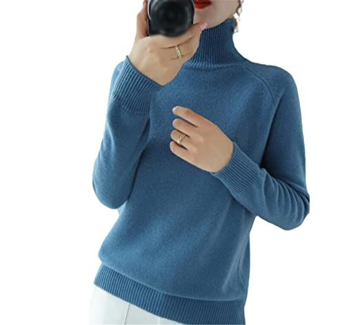 BeerMmay Damen Rollkragenpullover aus Kaschmirwolle für Herbst und Winter, einfarbig, Strickpullover, leger, Basic-Pullover, blau, S von BeerMmay