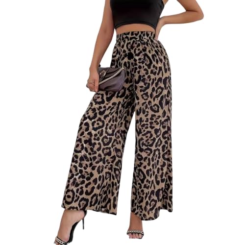 Damen Marlenehose Im Animal Print, Weich Fließende Culottehose Trendige Lockere Leicht Luftig Braun Leopard von BeerMmay