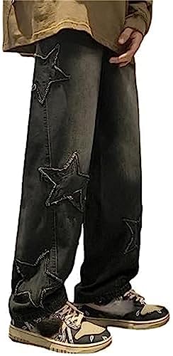 HotelBee Damen Vintage Star Patchwork Y2K Baggy Jeans Hoch Taillierte Hose Mit Geradem Bein Emo Grunge Denim Hose Mit Taschen (L,Schwarz) von BeerMmay