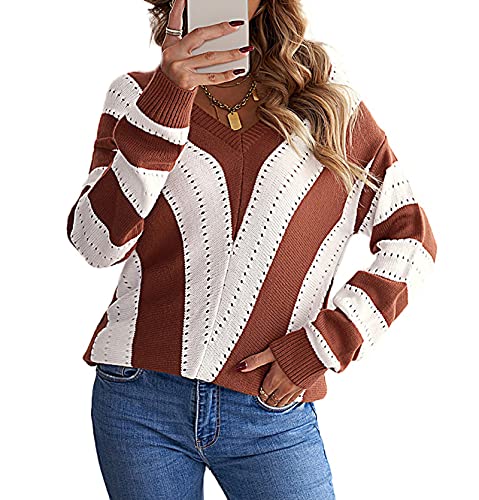 BeerMmay Regenbogen-Strickpullover für Damen, Y2K-Strickpullover, Farbblock, Rundhalsausschnitt, Langarm-Pullover, A-braun, M von BeerMmay