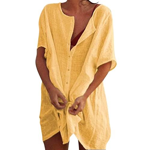 Strandkleid Damen Bikini Cover Up Elegant Leicht Strandtunika Sommer Button Down Kurzarm Beach Strandponcho Pareos Locker Bademode Sarong Musselin Bluse Vertuschen Shirt von BeerMmay