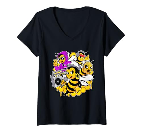 Damen Bees Hip Hop Dance Crew Rap-Musik der Alten Schule, Rapperliebhaber T-Shirt mit V-Ausschnitt von Bees Hip Hop Vibes Teens Party Beekeeper Apparel