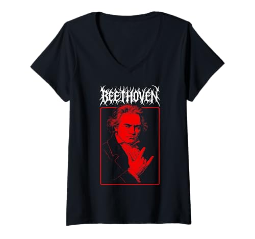 Damen Beethoven Metal Horns, Klassische Musik Komponist Death Metal T-Shirt mit V-Ausschnitt von Beethoven Classical Music Composer Merch