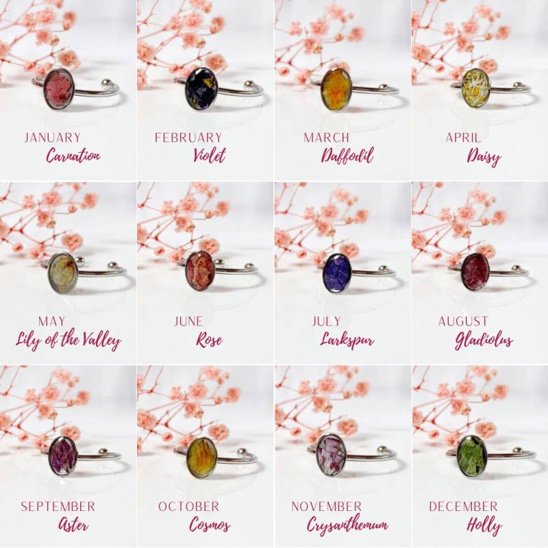 Ring Mit Echter Getrockneter Geburtsblume // Handgemacht Resin Schmuck Stapelring Personalisierbar Gold Statement Geburtstaggeschenk Für Sie von BeetleMouse