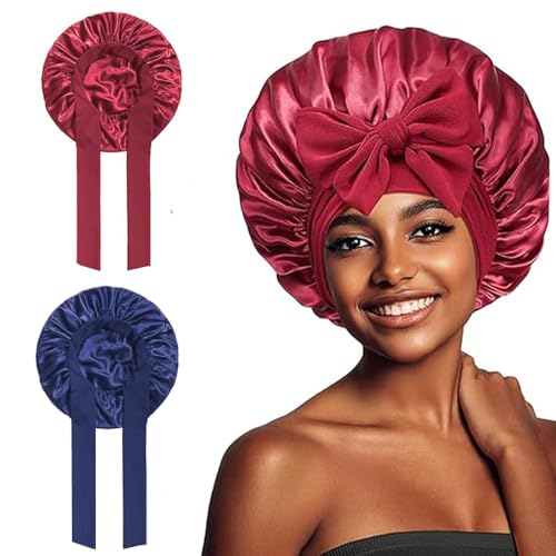 Beetop 2 Stück Schlafmütze Seidenhaube, Seidenhaarwickel zum Schlafen, weiche und Bequeme Satin-Schlafmütze, Haarschutz für Die Nacht, Weinrot + Dunkelblau von Beetop