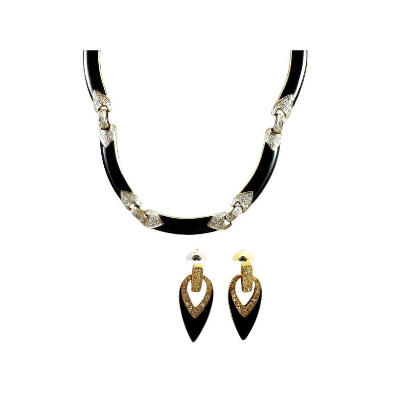 Halskette Schwarz Emaille-Gold-Ton Mit Ohrring-Set Strass-Akzente Vintage Signiert von BeforeItDisappears