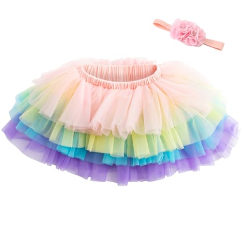Beganly Baby Mädchen weiche Flauschige Rüschen Tüllrock mit Windelbezug Kleinkind Prinzessinnen Party Tutu Sets mit Blumen Stirnband Buntes 6-12 Monate(Colorful M) von Beganly