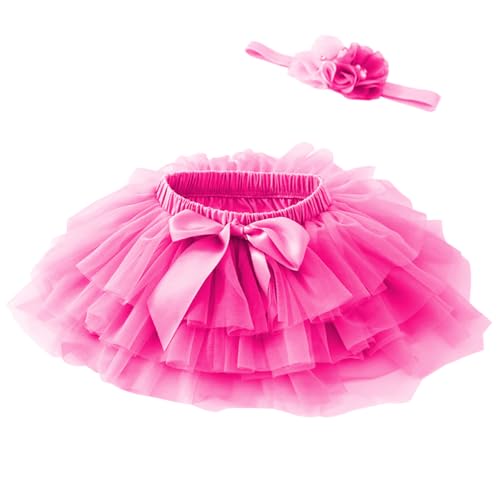 Beganly Baby Mädchen weiche Flauschige Rüschen Tüllrock mit Windelbezug Kleinkind Prinzessinnen Party Tutu Sets mit Blumen Stirnband Rosenrot 1-2 Jahre(Rose Red L) von Beganly